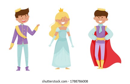 Funny Little Prince and Princess Wearing Crown and Dressy Look Garments Vector Illustrations Set