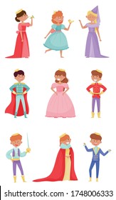 Funny Little Princes and Princesses Wearing Crown and Dressy Look Garments Vector Illustrations Set