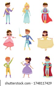 Funny Little Princes and Princesses Wearing Crown and Dressy Look Garments Vector Illustrations Set