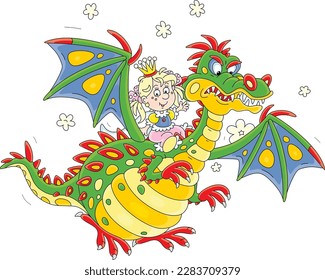 Funny little princess of a fairytale kingdom and a fire-breathing mythical dragon flying together in clouds of smoke, vector cartoon illustration isolated on a white background