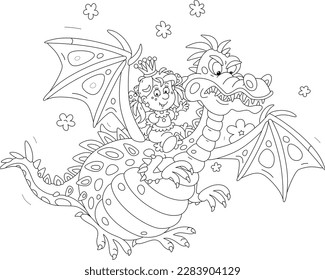 Funny little princess of a fairytale kingdom and a fire-breathing mythical dragon flying together in clouds of smoke, black and white outline vector cartoon illustration for a coloring book