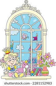 Funny little princess in a gold crown playing with her toy unicorn at a large window in a magnificent hall of a royal palace in a fairytale kingdom, vector cartoon illustration on white