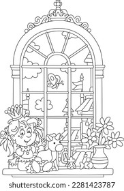 Funny little princess in a gold crown playing with her toy unicorn at a large window in a magnificent hall of a royal palace in a fairytale kingdom, black and white vector cartoon illustration