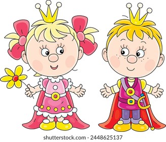 Funny little princess and prince in their ceremonial costumes at a royal court of a fairytale kingdom, vector cartoon illustration isolated on a white background