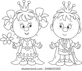 Divertida princesita y príncipe en sus trajes ceremoniales en una corte real de un reino de cuento de hadas, ilustración de dibujos animados de Vector en blanco y negro para un libro para colorear