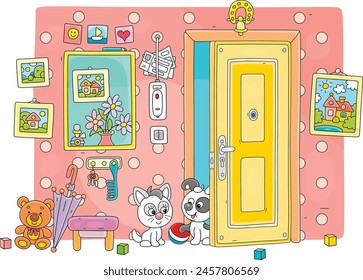 Funny little puppy came to its friend kitten and they are going to walk and play in a yard of their house, vector cartoon illustration isolated on a white background