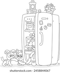 Funny little puppy and kitten gluttons filching very tasty sausages from a fridge with foods in a home kitchen, black and white vector cartoon illustration for a coloring book