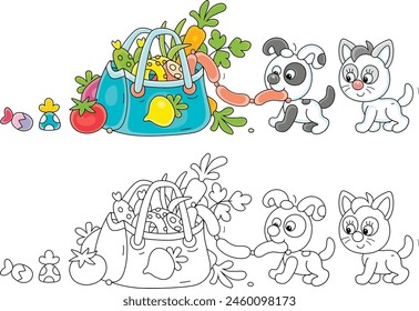 Funny little puppy and kitten gluttons filching very tasty sausages from a shopping bag with just purchased foods in a home kitchen, color and black–and-white vector cartoon illustrations