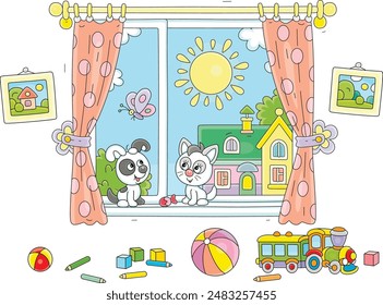 Funny little puppy and kitten sitting on a windowsill in a nursery room with scattered toys, watching a small butterfly and talking happily on a sunny summer day, vector cartoon illustration