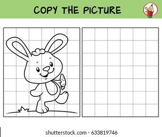 Funny little rabbit with carrot. Copy the picture. Coloring book. Educational game for children. Cartoon vector illustration