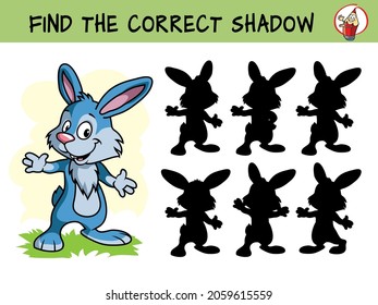 Funny little rabbit. Find the correct shadow. Educational matching game for children. Cartoon vector illustration