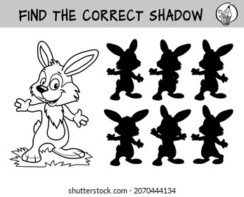 Funny little rabbit. Find the correct shadow. Educational matching game for children. Black and white cartoon vector illustration