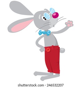 Funny little rabbit in glasses, red pants and bow tie