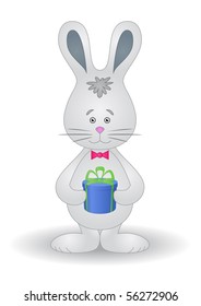 Funny little rabbit holds in his paws a fancy box with a gift