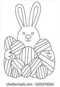 Funny little rabbit hugs a lot of big ctriped Easter eggs coloring page. Cartoon Easter character with colored eggs simple stock vector illustration. Fluffy bunny is great egg hunter. One of a series 