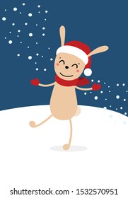 Funny little rabbit santa dancing on snow with snowflakes. Flat vector New Year and Christmas illustration 