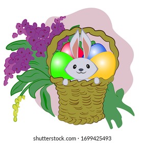 Funny little rabbit is sitting in a basket with colorful eggs. Easter card. Image with a holiday symbol on a light background. EPS10 vector illustration