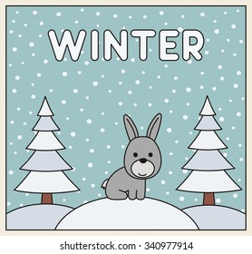 Funny little rabbit winter on background snowflakes