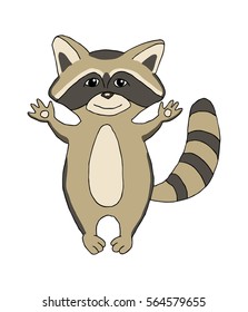 Funny little raccoon, greeting and smiling. Vector cartoon illustration, isolated.