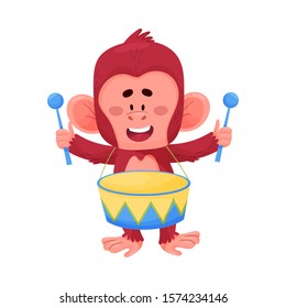 Funny Little Red Monkey Beating In Drum Vector Illustration Cartoon Character