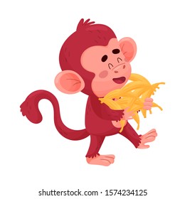 Funny Little Red Monkey Going With Bananas In Both Hands Vector Illustration Cartoon Character