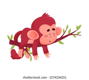 Funny Little Red Monkey Laying On The Branch Of Tree Vector Illustration Cartoon Character
