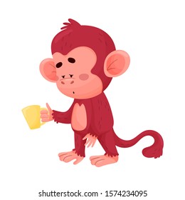 Funny Little Red Monkey Standing With Cup Of Coffe Or Tea Vector Illustration Cartoon Character