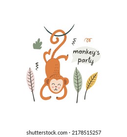 Funny little redhead monkey. Vector character in cartoon handdrawn style. Vector illustration isolated on white background. Card, poster composition design.