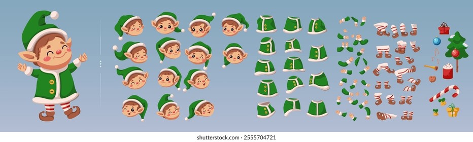 Funny little Santa elf constructor color vector illustration set. Little Christmas fairy tale creature character design on blue background