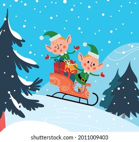 Funny little Santa elves characters with gift boxes sledding in winter forest. Vector flat cartoon illustration. For Christmas card, poster, placard, banner, sticker, tag, packaging etc.