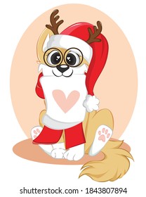 Funny little with Santa Hat. Getting Christmas Card.
