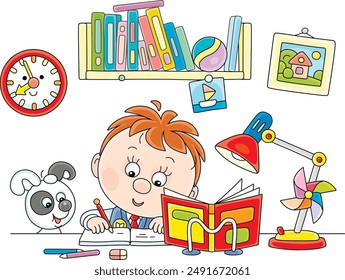 Funny little schoolboy doing homework in an exercise book in his room at home, vector cartoon illustration on a white background