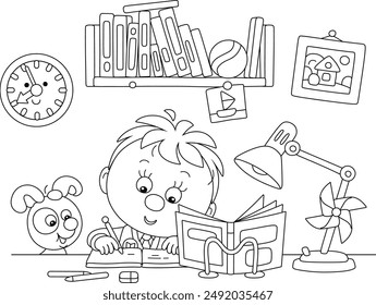 Funny little schoolboy doing homework in an exercise book in his room at home, black and white outline vector illustration for a coloring book page