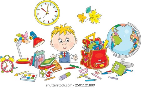 Funny little schoolboy first grader completing his schoolbag with textbooks, exercise books, rules, pencils and pens before start of classes, vector cartoon illustration on a white background