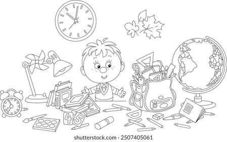 Funny little schoolboy first grader completing his schoolbag with textbooks, exercise books, rules, pencils and pens before start of classes, black and white vector illustration for a coloring book