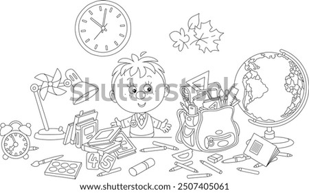 Funny little schoolboy first grader completing his schoolbag with textbooks, exercise books, rules, pencils and pens before start of classes, black and white vector illustration for a coloring book