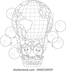 Divertido niño pequeño escolar y colegiala volando con un globo de globo de aire escolar, amable sonriendo y saludando, contorno blanco y negro Ilustración vectorial para un libro para colorear