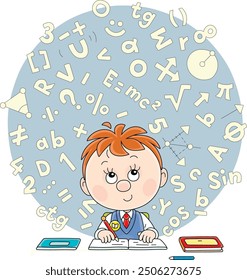 Funny little schoolboy sitting at his desks in class of primary school, writing a test and trying to remember a mathematical formula to solve an involved problem, vector cartoon illustration