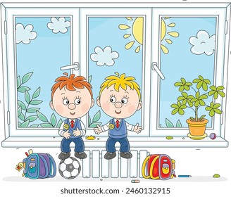 Funny little schoolboys with their schoolbags sitting on a windowsill and talking after lessons, vector cartoon illustration on white