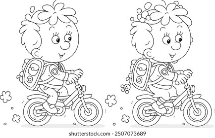 Funny little schoolchildren with their schoolbags merrily riding bicycles to school, black and white outline vector illustration for a coloring book