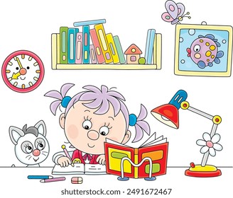 Funny little schoolgirl doing homework in an exercise book in her room at home, vector cartoon illustration on a white background