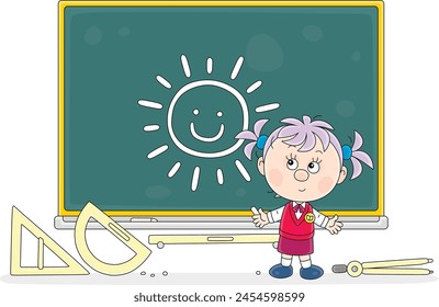 Funny little schoolgirl drawing a cute sun with a chalk on a class blackboard at recess in a primary school, vector cartoon illustration on a white background