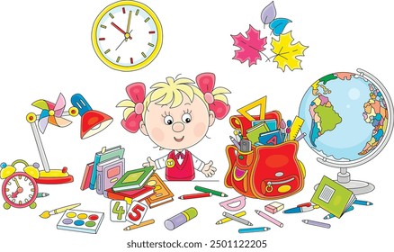 Funny little schoolgirl first grader before start of classes, completing her schoolbag with textbooks, exercise books, rules, pencils and pens, vector cartoon illustration on a white background