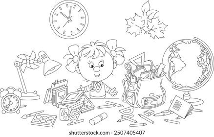 Funny little schoolgirl first grader before start of classes, completing her schoolbag with textbooks, exercise books, rules, pencils and pens, black and white vector illustration for a coloring book