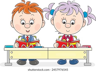 Funny little schoolgirl and schoolboy reading textbooks at their desk in a classroom at a lesson in primary school, vector cartoon illustration on a white background