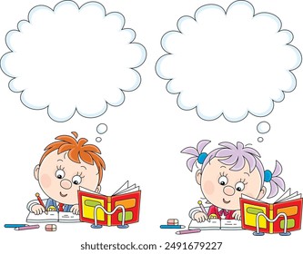 Funny little schoolgirl and schoolboy sitting at their desks in class of primary school, thinking and writing a test in exercise books, vector cartoon illustration on a white background