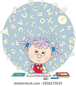 Funny little schoolgirl sitting at her desks in class of primary school, writing a test and trying to remember a mathematical formula to solve an involved problem, vector cartoon illustration