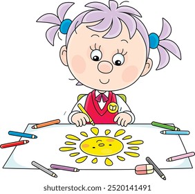 Funny little schoolgirl sitting at her desks in class of primary school and drawing a funny smiling sun with color pencils on a large sheet of paper, vector cartoon illustration on a white background