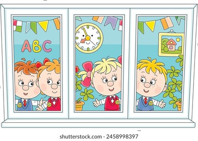 Funny little schoolgirls and schoolboys friendly smiling, merrily romping and looking through a classroom window at recess after a lesson in primary school, vector cartoon illustration