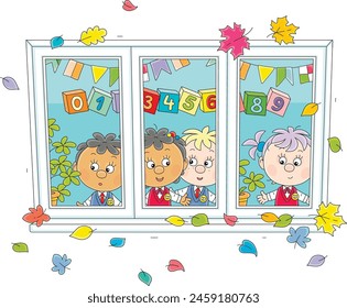 Funny little schoolgirls and schoolboys friendly smiling, merrily romping and looking at colorful autumn leaves through a classroom window at recess after a lesson in primary school, vector cartoon